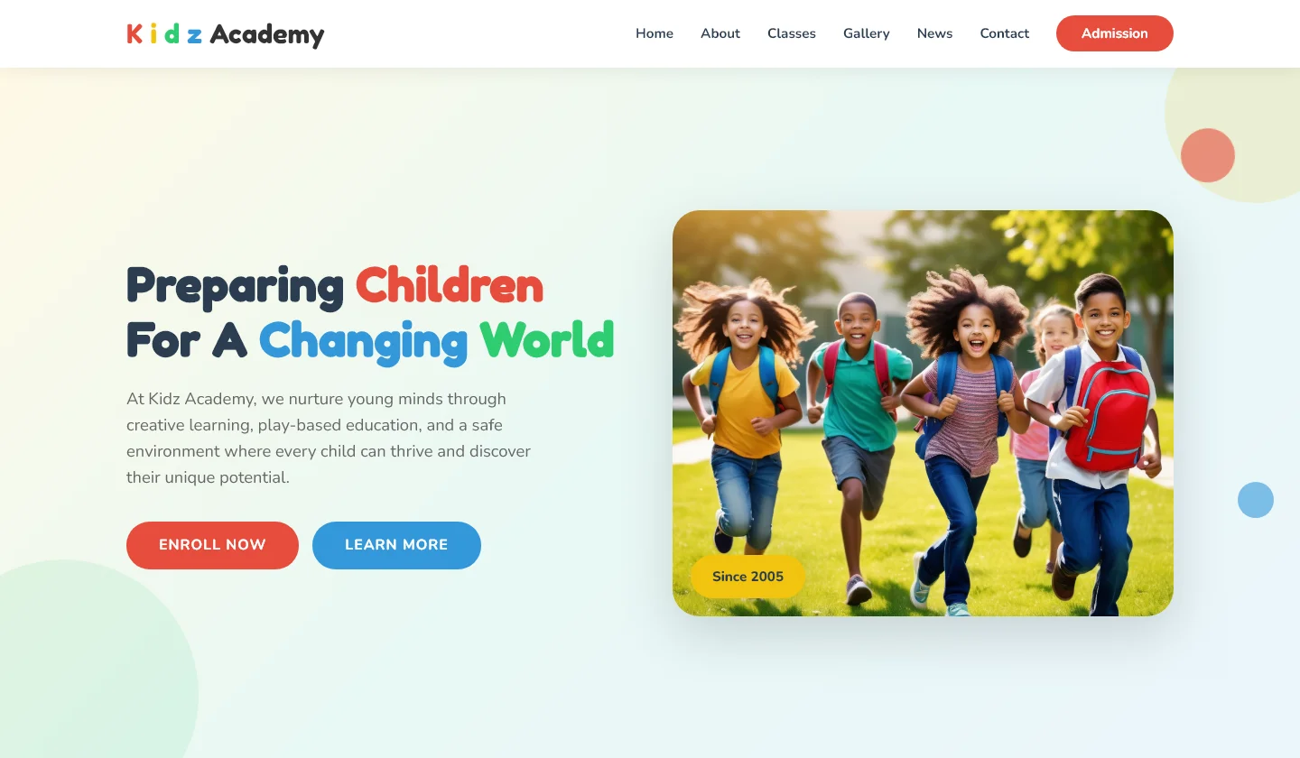 Kidz Academy - Preparing Young Minds for Tomorrow | एजुकेशन और किड्स — Free Education & Kids Website Template | HTML5 Tailwind CSS
