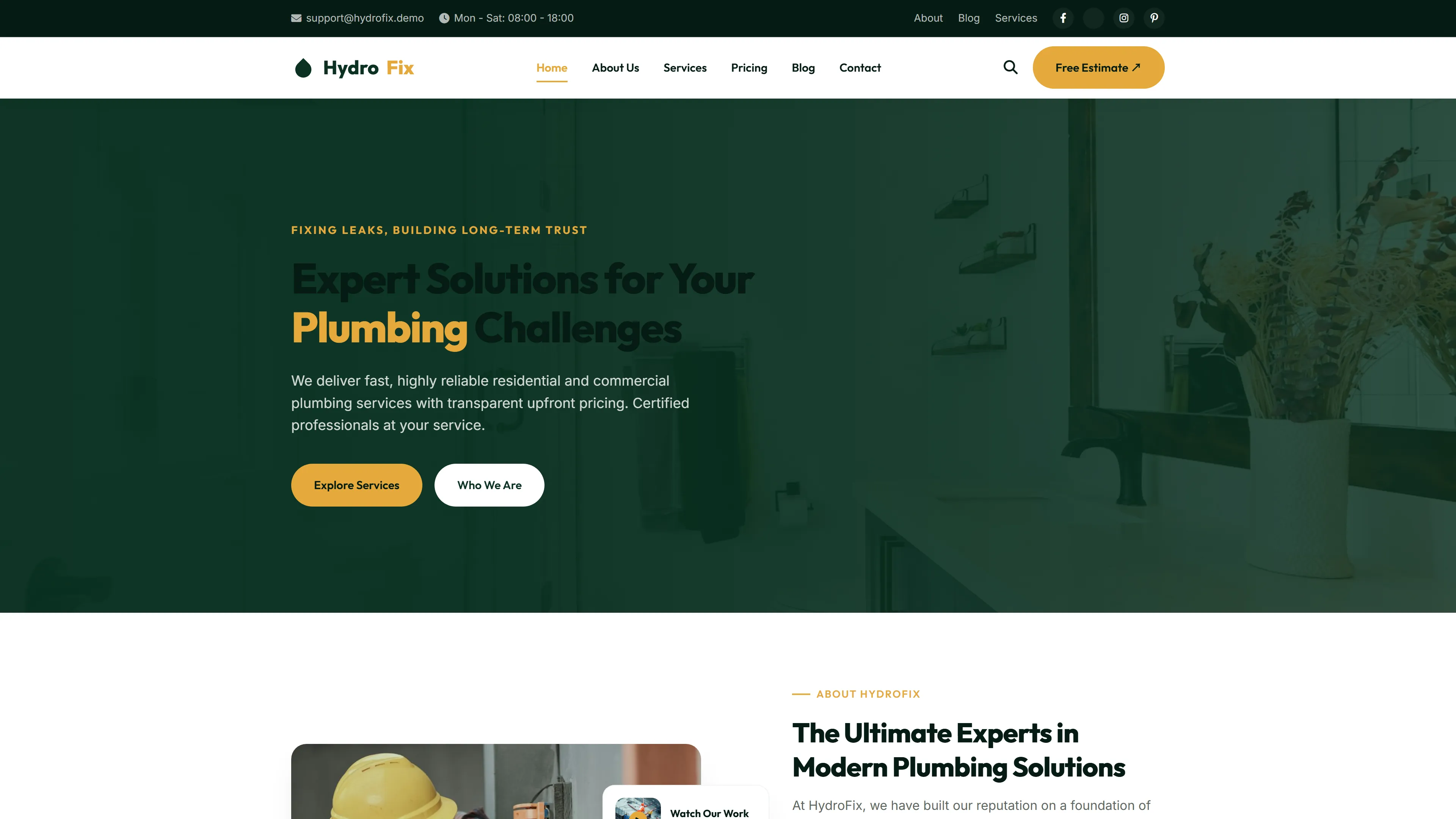 HydroFix | Plumbing Website Template — Free Home Improvement Website Template | HTML5 Tailwind CSS