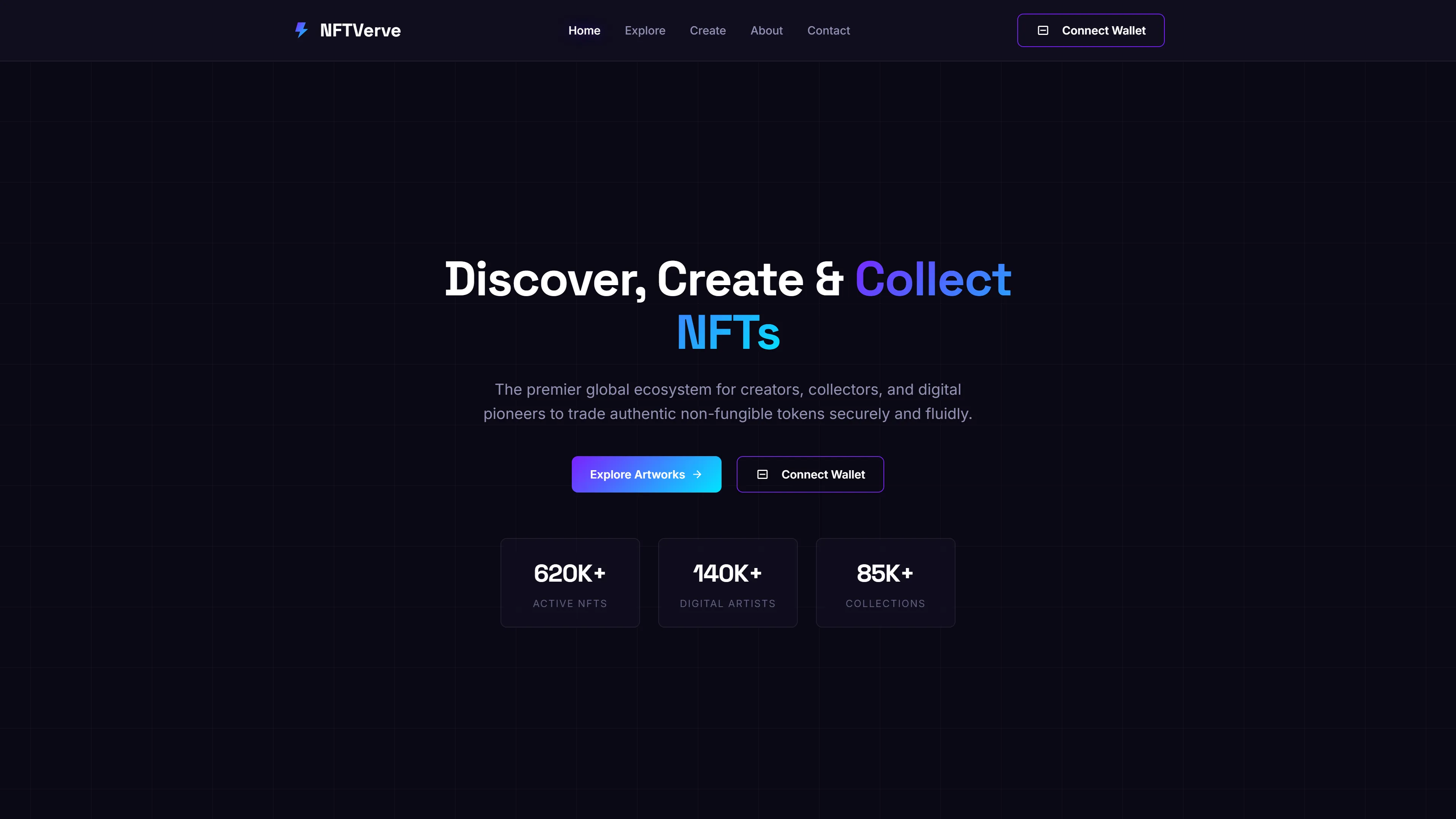 NFTVerve | Creative NFT Marketplace Template — Free NFT & Marketing Website Template | HTML5 Tailwind CSS