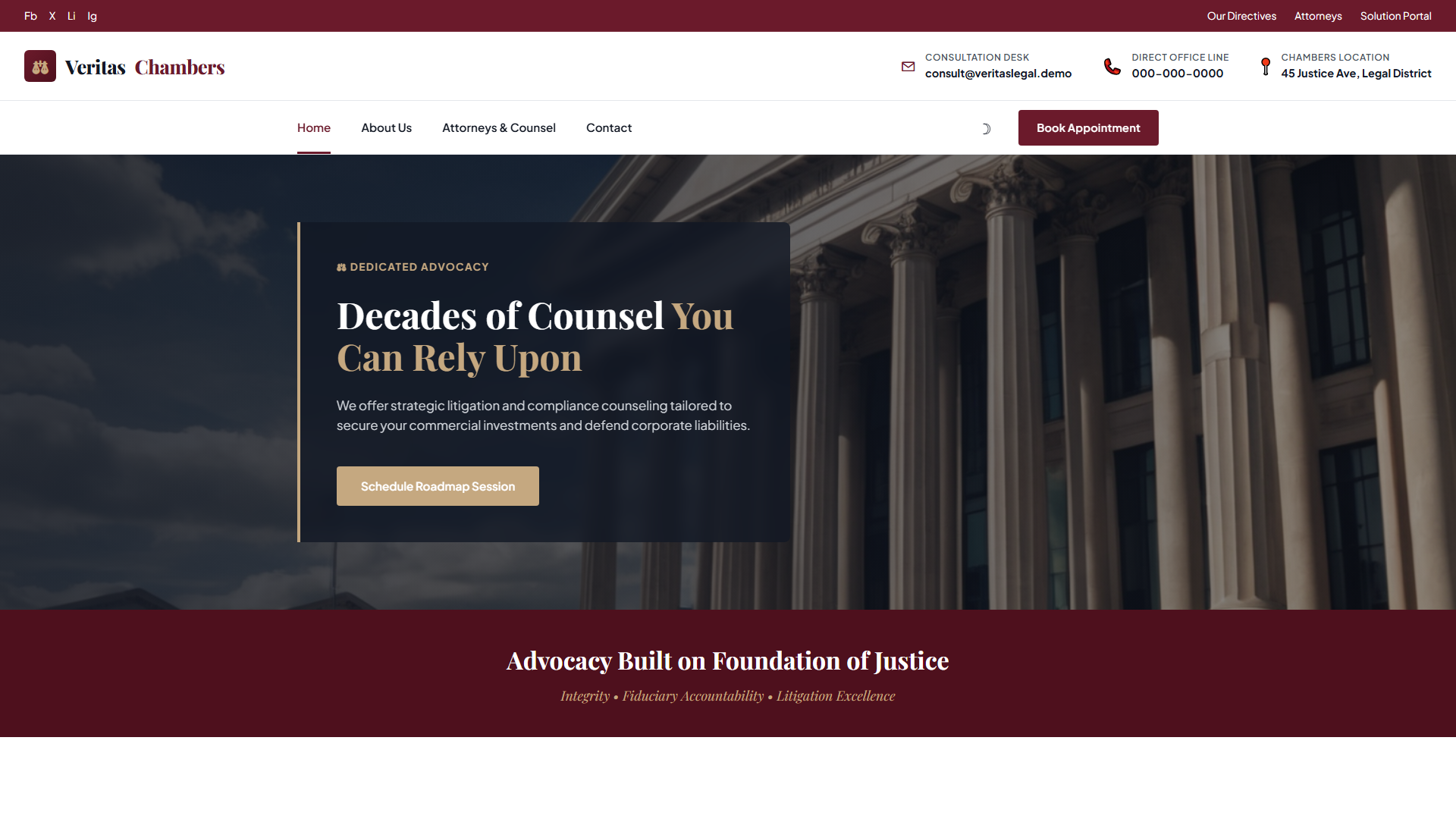 Veritas Legal Chambers: Decades of Counsel, Trusted Results | Legal Services — Free Legal Services Website Template | HTML5 Tailwind CSS