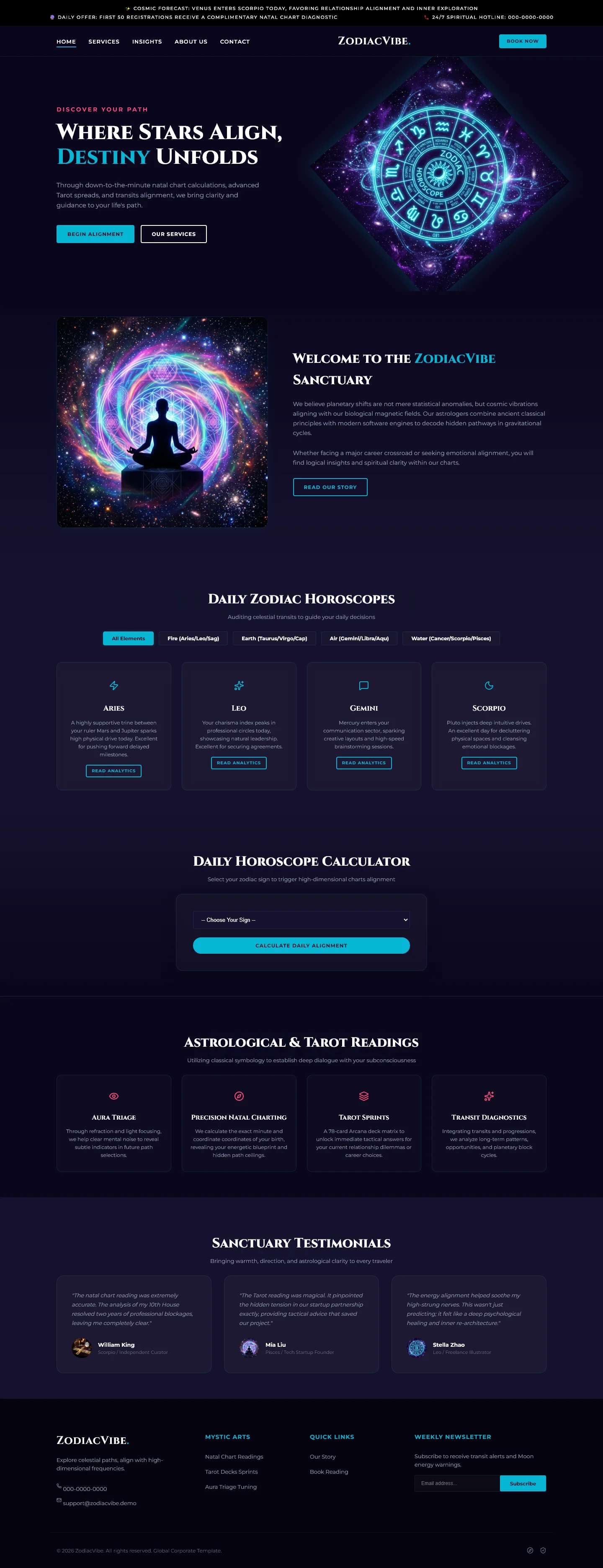 ZodiacVibe - Where Stars Align, Destiny Unfolds | Creative & Media — Free HTML5 Tailwind CSS Website Template Preview