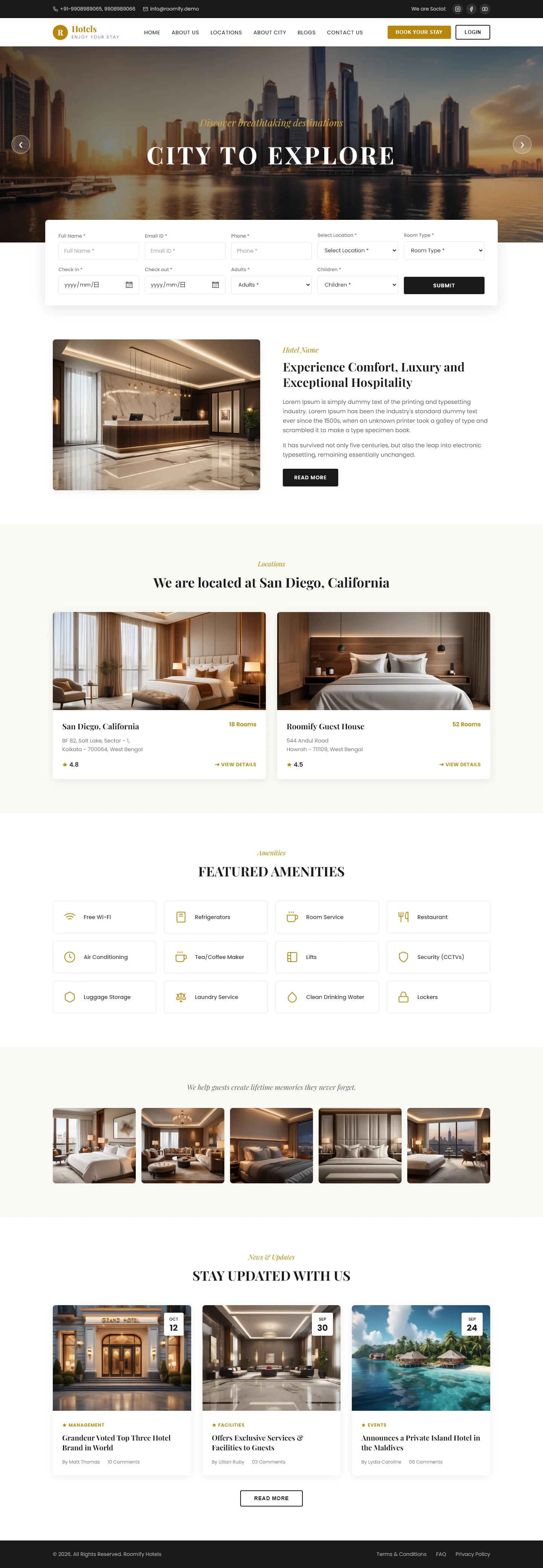 Roomify Hotels: City to Explore - Enjoy Your Stay | Hotel & Hospitality — Free HTML5 Tailwind CSS Website Template Preview